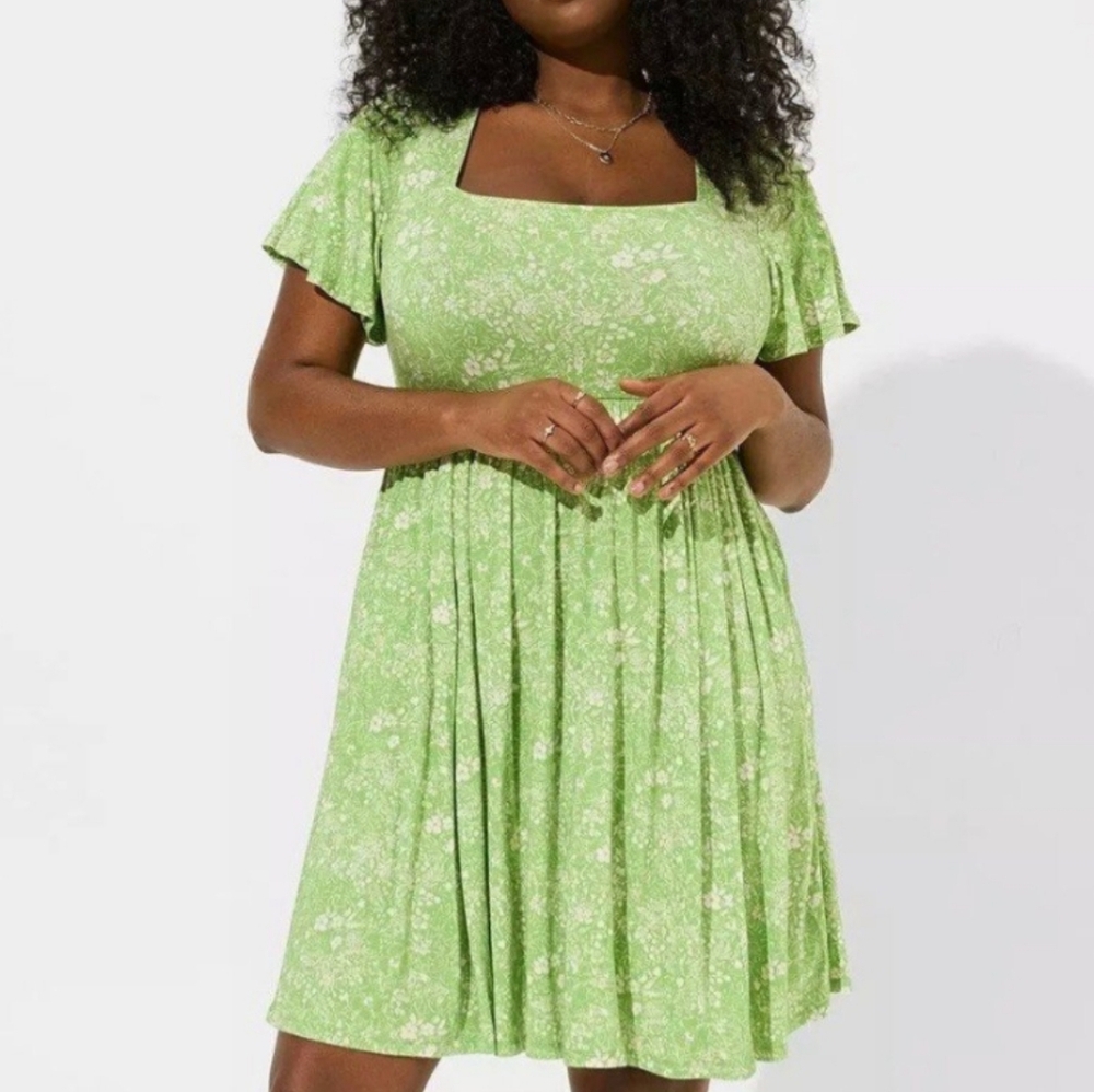 torrid Light Green Floral Super Soft Mini Skater Flutter Sleeve Dress